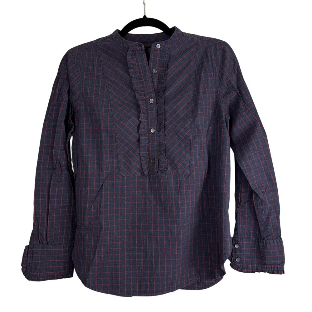 J. Crew Navy Red Check Ruffled Button Up Shirt Plaid Size 2 EUC